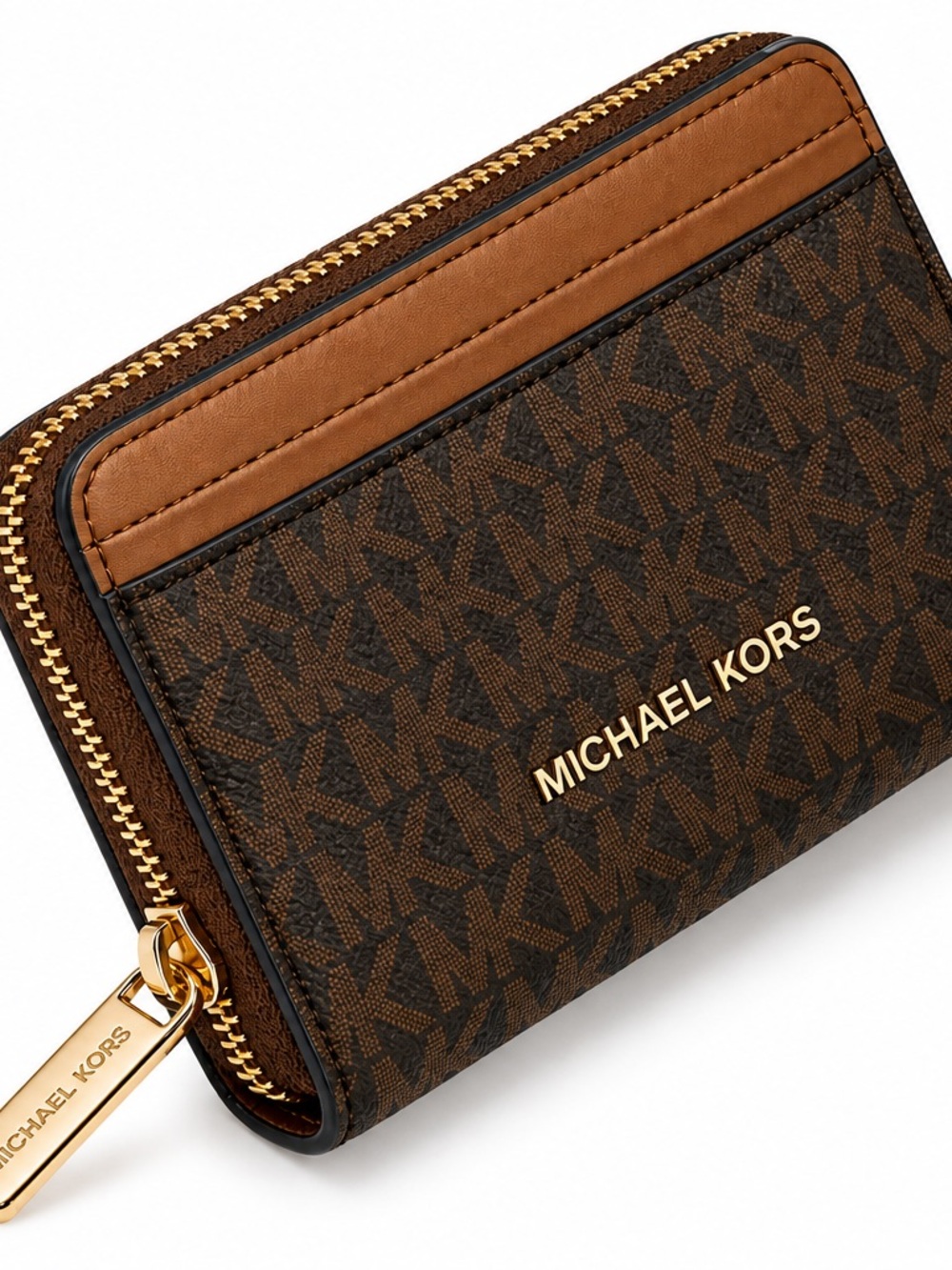 Michael Kors Brown Signature Logo Zip Around Card Case Wallet